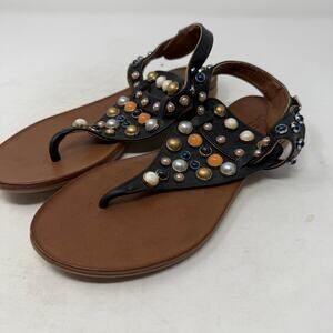 J/Slides Black Beaded Gemstone T-Strap Sandals Size EU 37